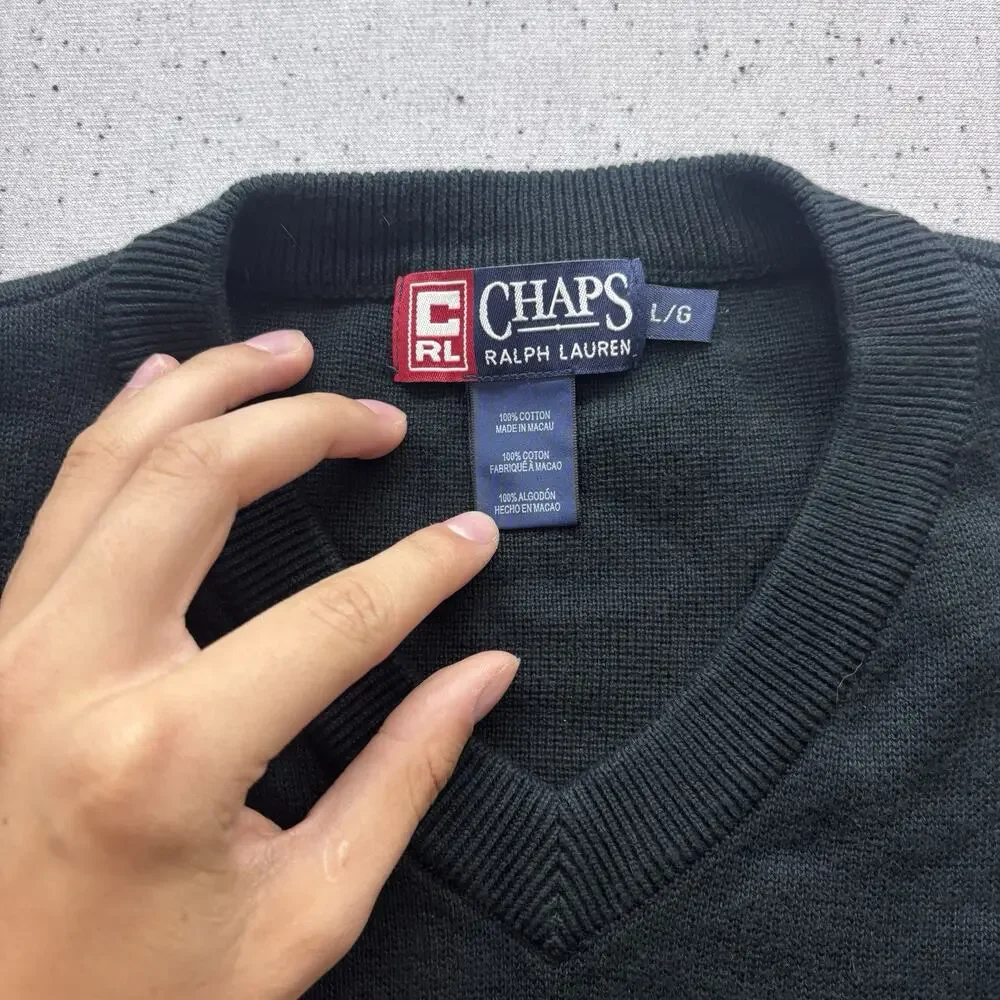 Chaps Ralph Lauren Mens Large V-Neck Sweater Black Grey Stripe Cottagecore